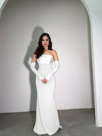 Strapless Sleeveless High-Waisted Long Pleated Mermaid Prom Dress With Rhinstone And Gloves YK0618