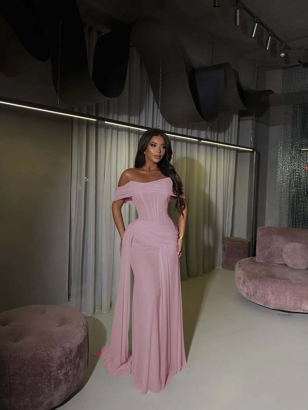 Tulle Off-The-Shoulder Strapless Sleeveless Long Mermaid Prom Dress With Pleated And Train YK0619