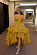 Cocoslly Off-The-Shoulder Sleeveless High Waist Long Prom Dress With Ruffles | Baby Blue Satin ZT0725