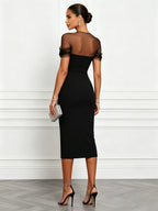 Black Split Joint Classic Sweetheart Neckline Short Sleeve Sheath Midi Dress