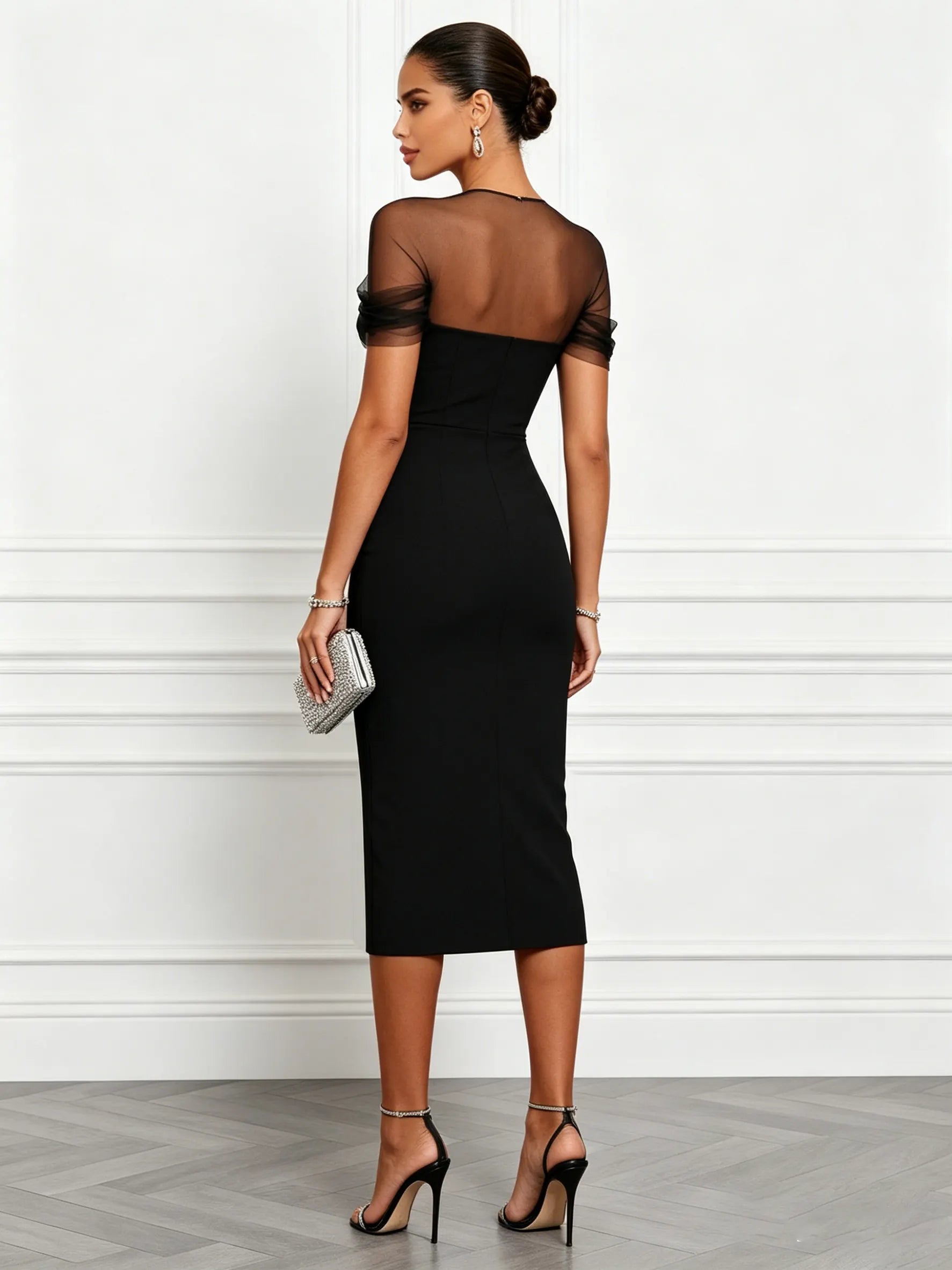 Black Split Joint Classic Sweetheart Neckline Short Sleeve Sheath Midi Dress