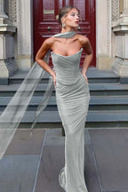Chiffon Strapless Sleeveless Long Mermaid Prom Dress With Pleated YK0036