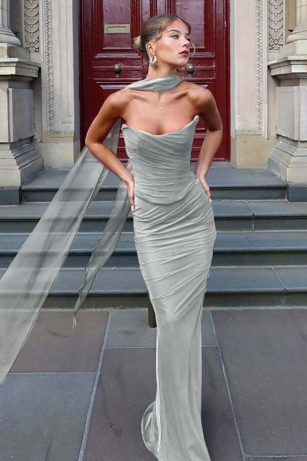 Chiffon Strapless Sleeveless Long Mermaid Prom Dress With Pleated YK0036