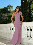Satin One Shoulder Strapless Sleeveless Long Mermaid Prom Dress With Beadings And Flower YK0640