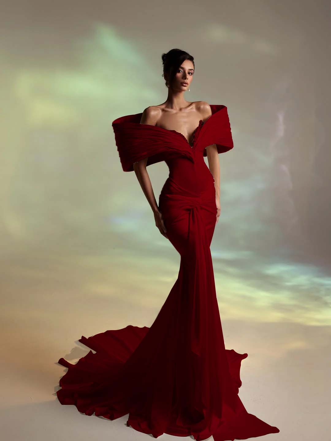 Deep V-Neck Strapless Long Pleated Mermaid Prom Dress With Ruffles And Beadings YK0707