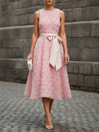 Pink 3D Floral Bow Crew Neck A-Line Midi Dress With Pockets