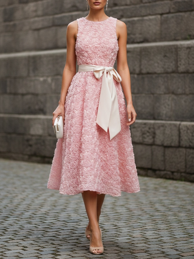 Pink 3D Floral Bow Crew Neck A-Line Midi Dress With Pockets