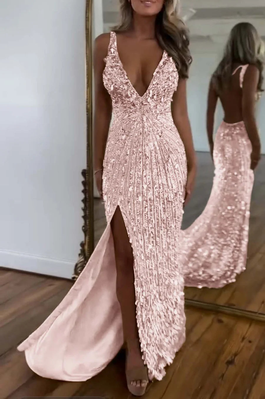 Cocoslly Spaghetti Straps V Neck Sleeveless High Neck Long Prom Dress with Split | Glod Champage  Sequins MS0489