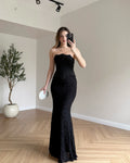 Cocoslly Strapless Sleeveless High Waist Long Mermaid Prom Dress | Black Satin CO0098