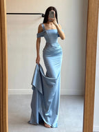 Cocoslly Off-The-Shoulder Sleeveless High Waist Long Mermaid Prom Dress With Pleated | Sky Blue Satin CO0155