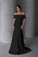 Cocoslly Off-The-Shoulder Strapless Sleeveless Long Mermaid Prom Dress With Flowers Appliqués | Red Satin ZA0194