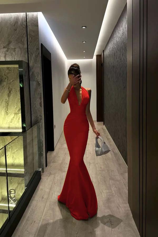Halter V Neck Sleeveless Long Mermaid Prom Dress With Pleated YK0104