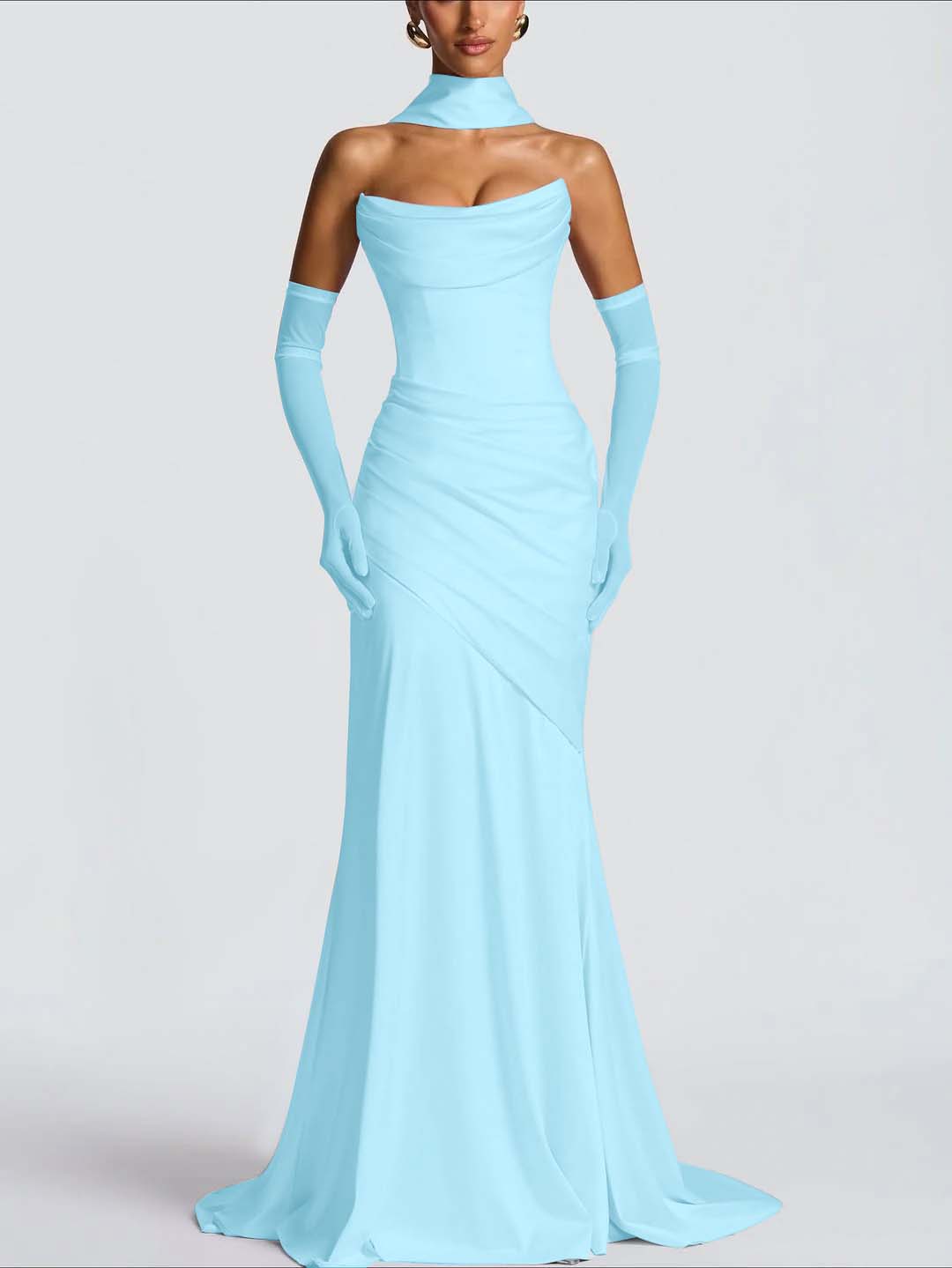 Strapless Sleeveless Long Pleated Mermaid Prom Dress With Ruffles And Gloves YK0718