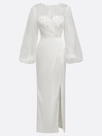 White Faux Pearl Side-Slit Classic Crew Neck Long Sleeve Puff Sleeve Sheath Bridal Gown Dress