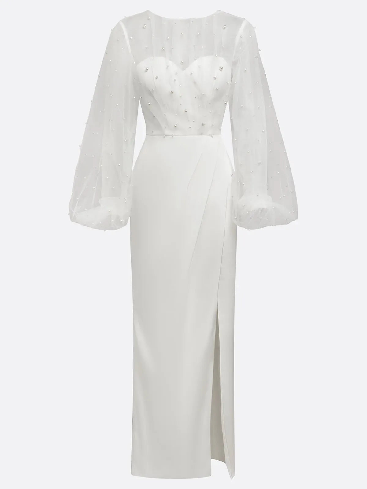 White Faux Pearl Side-Slit Classic Crew Neck Long Sleeve Puff Sleeve Sheath Bridal Gown Dress