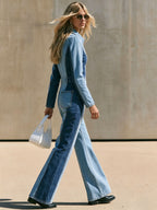 Casual Retro Color-blocked Denim Long-sleeved Zippered Flared Jumpsuit