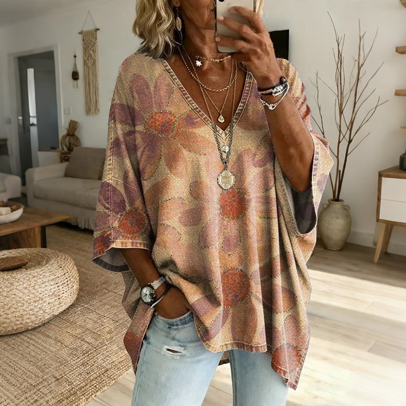 Women's Vintage Floral Art Print Casual Loose Cotton Top