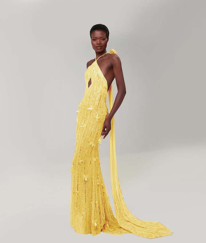 Cocoslly Halter Sleeveless High Waist Long Mermaid Prom Dress With Sequins | Nude Champage Chiffon YK1282