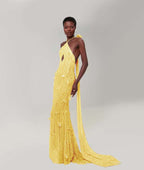 Cocoslly Halter Sleeveless High Waist Long Mermaid Prom Dress With Sequins | Nude Champage Chiffon YK1282