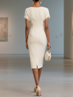 White Faux Pearl Knot Front Classic Boat Neck Short Sleeve Sheath Midi Dress