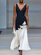 Black Pleated Applique Butterfly Classic Deep V Neck Sleeveless Mermaid Maxi Dress