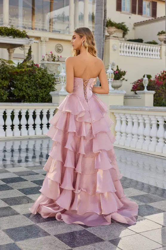 Cocoslly Strapless Sleeveless High Waist Long Prom Dress With Ruffles And Rhinstone | Dusty Rose Satin CO0145