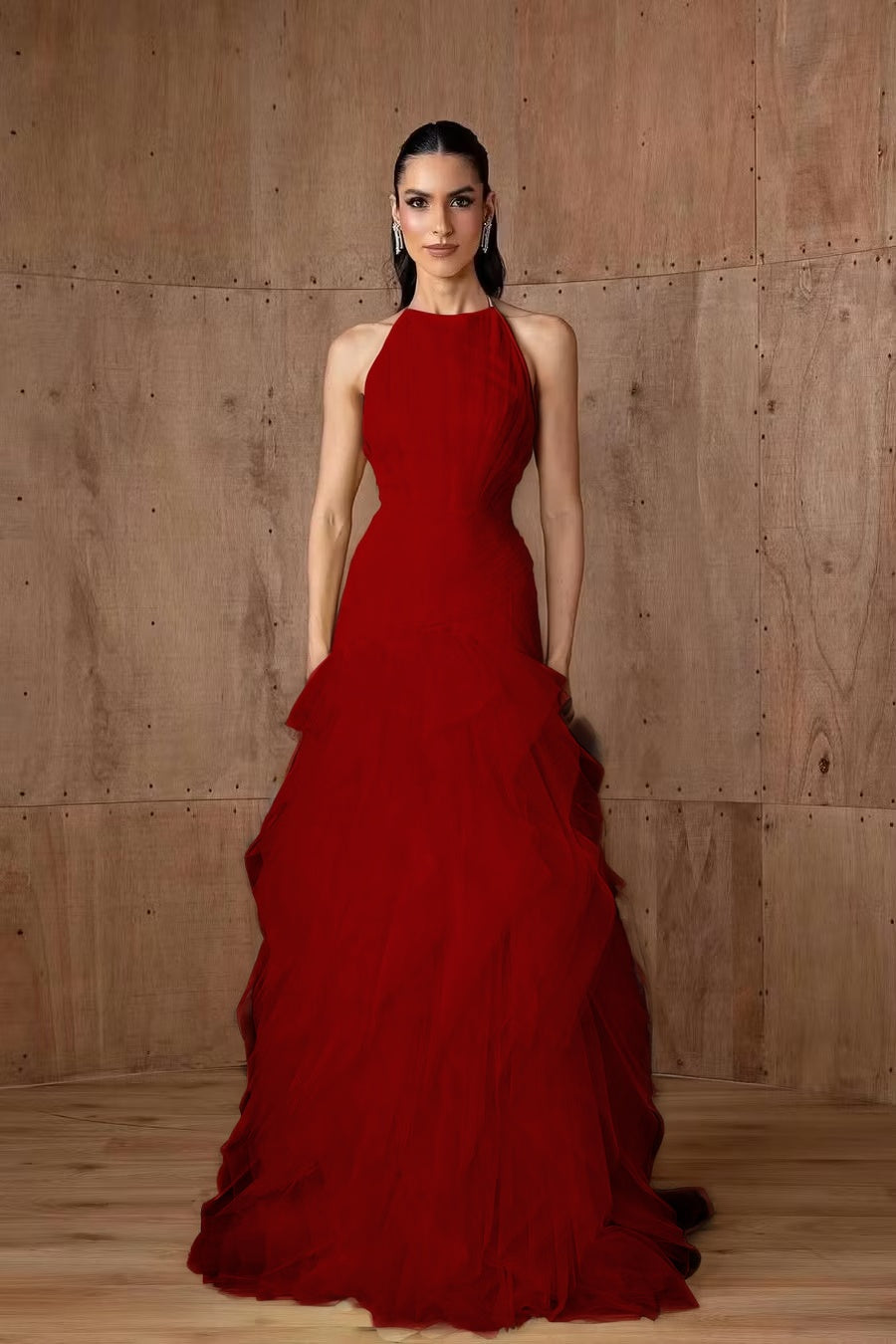 Cocoslly Halter Sleeveless High Waist Long Prom Dress With Ruffles | Daffodil Tulle YC0478