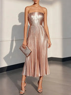 Rose Gold Pink Pleated Satin Strapless Sleeveless A-Line Midi Dress