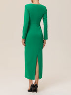 Green Classic Deep V Neck Long Sleeve Sheath Maxi Dress