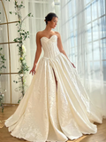 Satin V-Neck Strapless Sleeveless Long A-Line Prom Dress With Split And Pleated YK0614