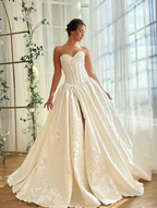 Satin V-Neck Strapless Sleeveless Long A-Line Prom Dress With Split And Pleated YK0614
