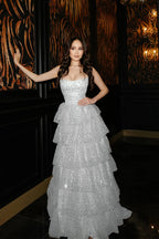 Cocoslly Strapless Sleeveless High Waist Long Prom Dress With Ruffles And Sequins | Sky Blue Tulle YC0474
