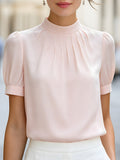 High-Neck Pleated Puff Sleeve Blouse
