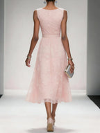 Light Pink Bow Embroidery Classic V Neck Sleeveless A-Line Midi Dress With Pockets