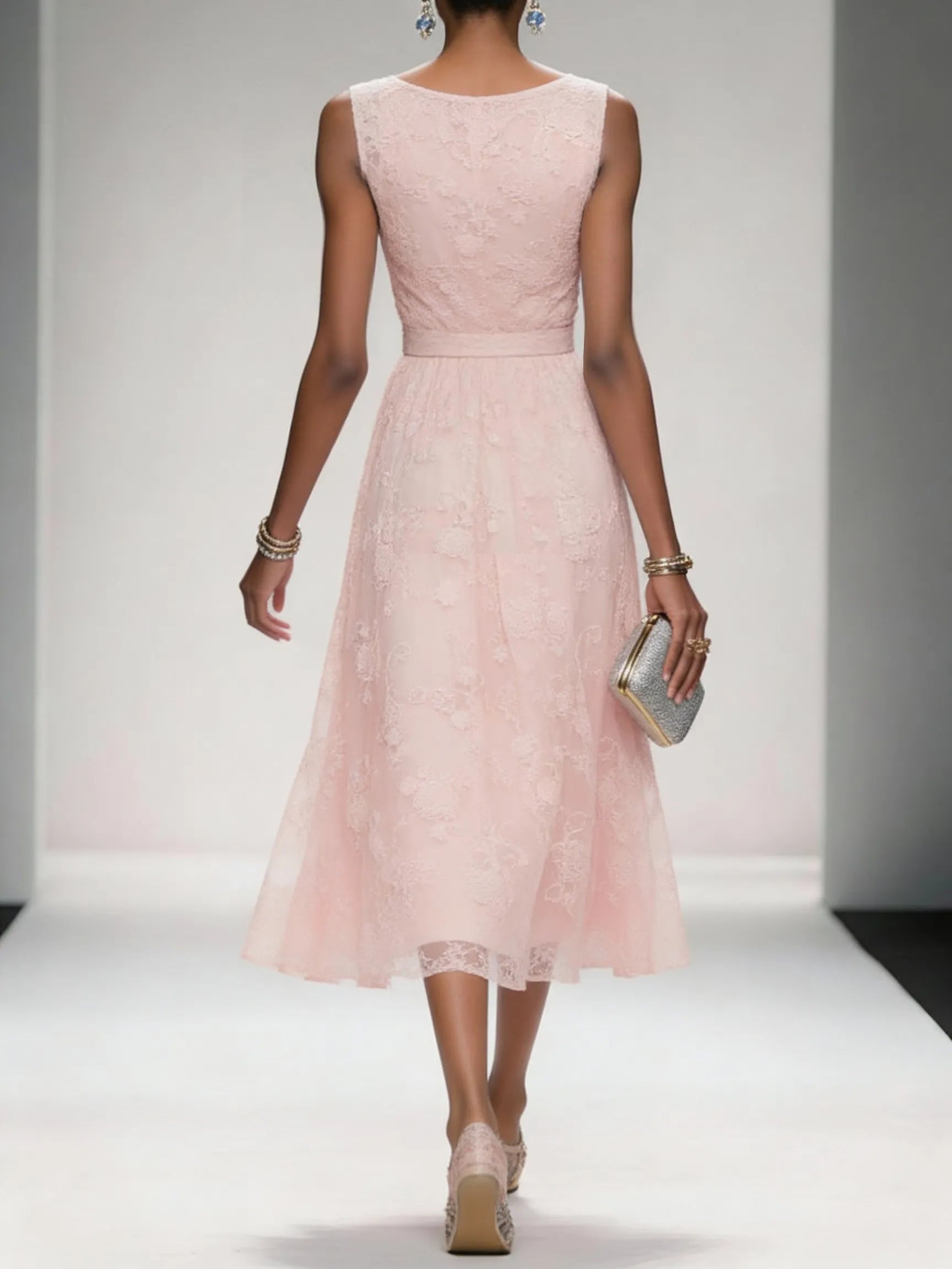 Light Pink Bow Embroidery Classic V Neck Sleeveless A-Line Midi Dress With Pockets