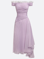 Lavender Ruched Lace Chiffon Off The Shoulder Short Sleeve A-Line Midi Dress