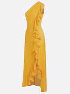 Yellow Peplum Chiffon One Shoulder Sleeveless Sheath Maxi Dress