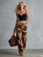 Retro Casual Heart Pattern Versatile Light Brown Denim Pants