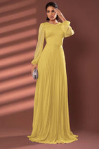 Chiffon Jewel Neck Long Sleeves Long Prom Dress With Pleated WQ0258