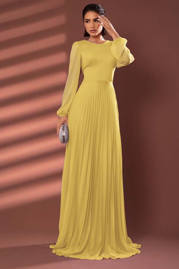 Chiffon Jewel Neck Long Sleeves Long Prom Dress With Pleated WQ0258