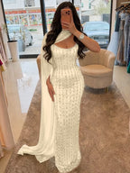 Cocoslly Strapless Sleeveless High Waist Long Prom Dress With Shawl And Rhinstone | Dusty Sage Satin YK1255