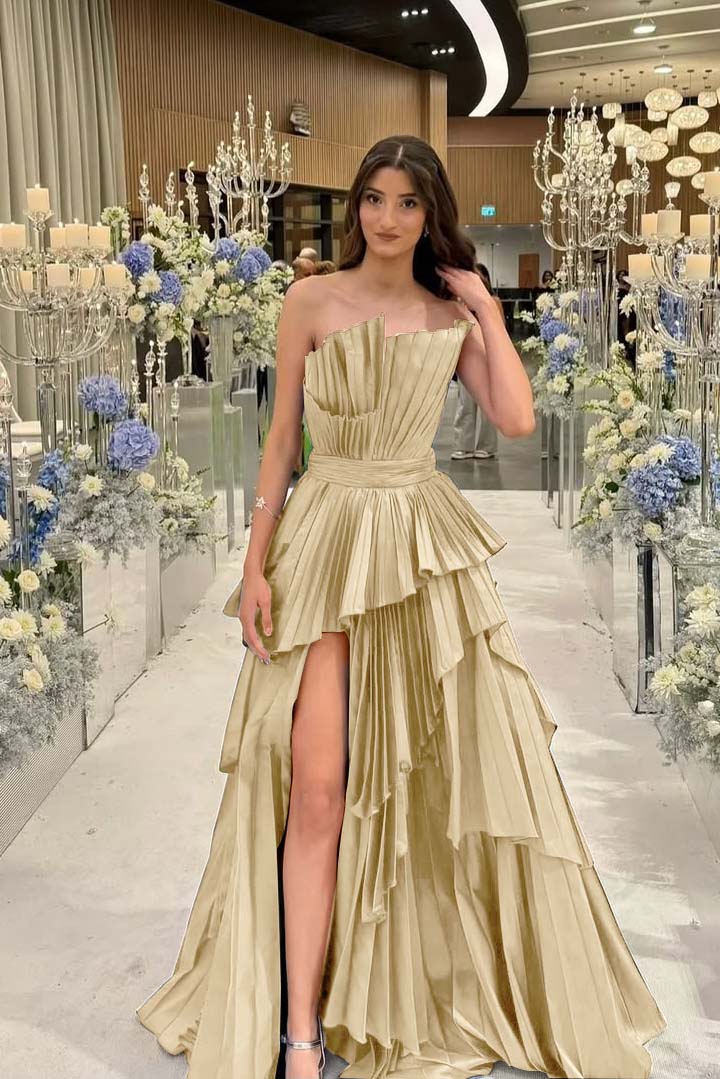 Charming Strapless Sleeveless Long Split Prom Dress With Pleated MS0456