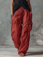Retro Casual Workwear Style Red Cotton Pants