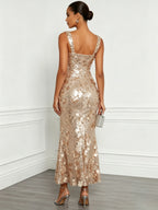 Champagne Glitter Sequin Square Neck Sleeveless Mermaid Midi Dress