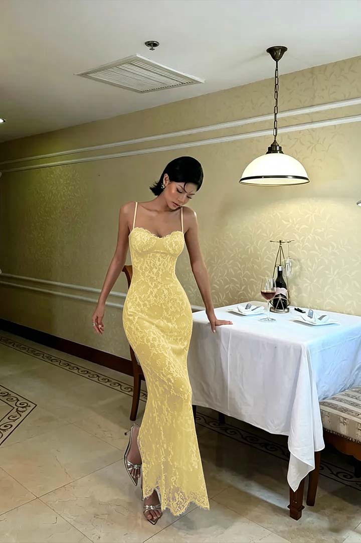 Cocoslly Spaghetti Straps Sleeveless High Waist Long Mermaid Prom Dress | Red Lace LR0435