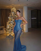 Red Tulle Strapless Sleeveless Long Mermaid Prom Dress With Sequins And Corset YK0682