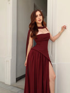 Cocoslly Spaghetti Straps Sleeveless High Waist Long Prom Dress With Split And Pleated | Burgundy Satin CO0161