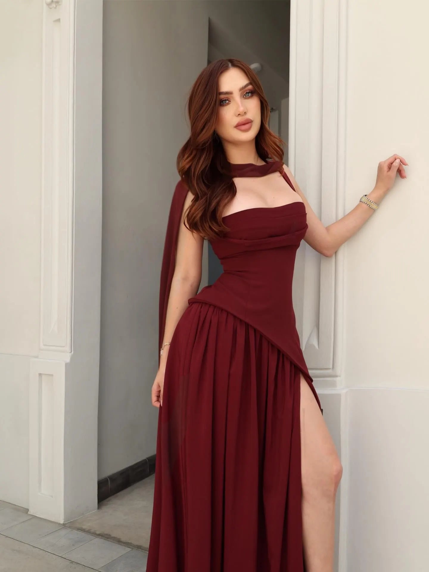 Cocoslly Spaghetti Straps Sleeveless High Waist Long Prom Dress With Split And Pleated | Burgundy Satin CO0161