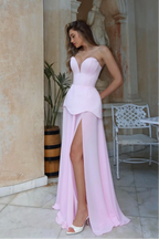 Cocoslly Strapless Sweetheart Sleeveless High Waisted Long Prom Dress With Split | Pink Chiffon CO0016