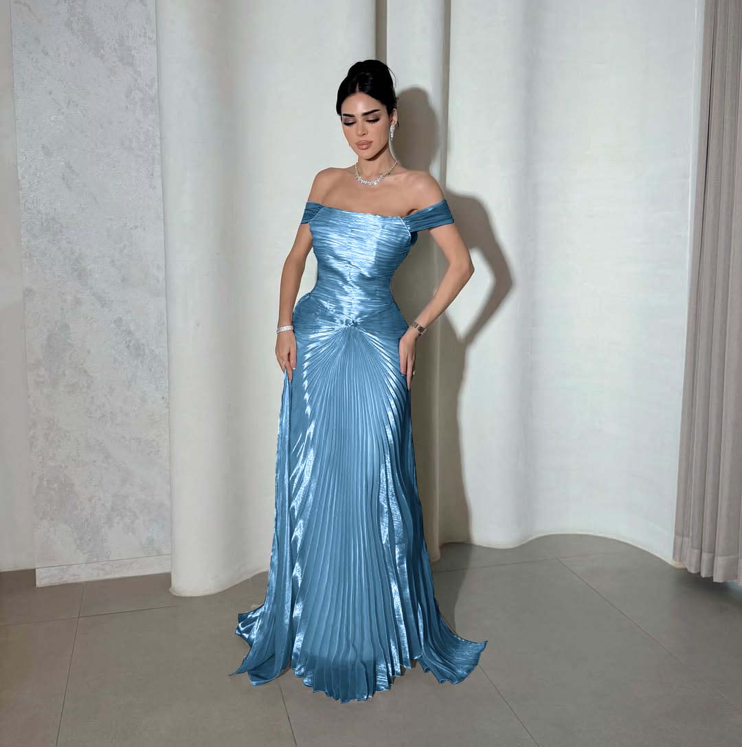 Chic Off the Shoulder Sleeveless Long Prom Dress With Pleated YK0266